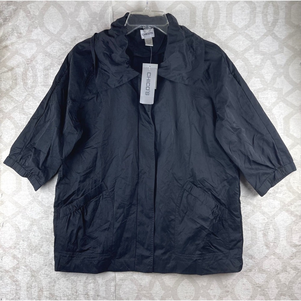 Chico's Shawl Collar Anorak Jacket Womens 1 M Black NWT Lightweight Nylon Coat